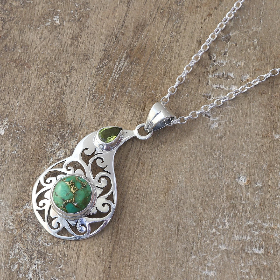 Faceted Peridot and Composite Turquoise Pendant Necklace - Lagoon Harmony