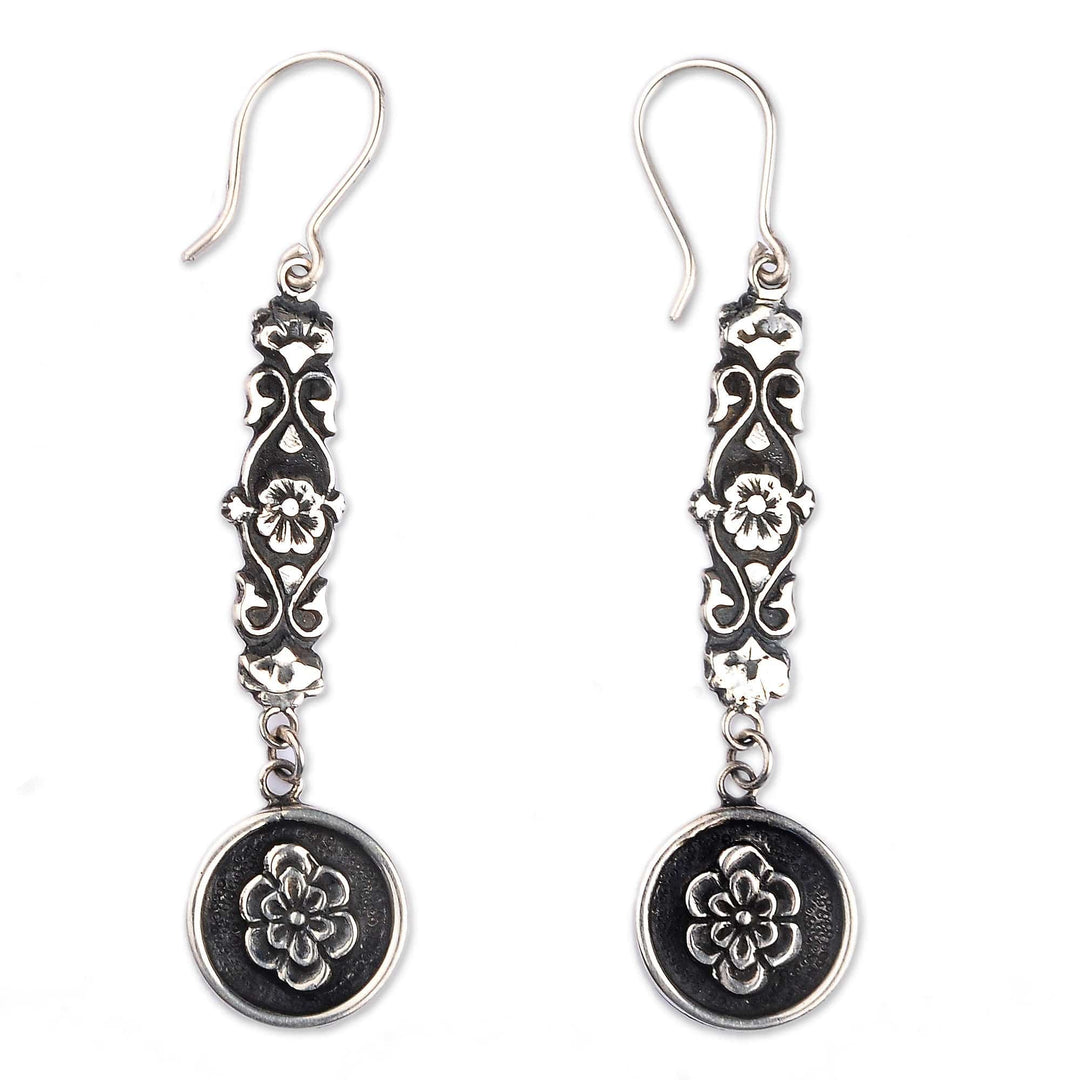 Sterling Silver Floral Dangle Earrings with Oxidized Finish - Armenian Rose Garden