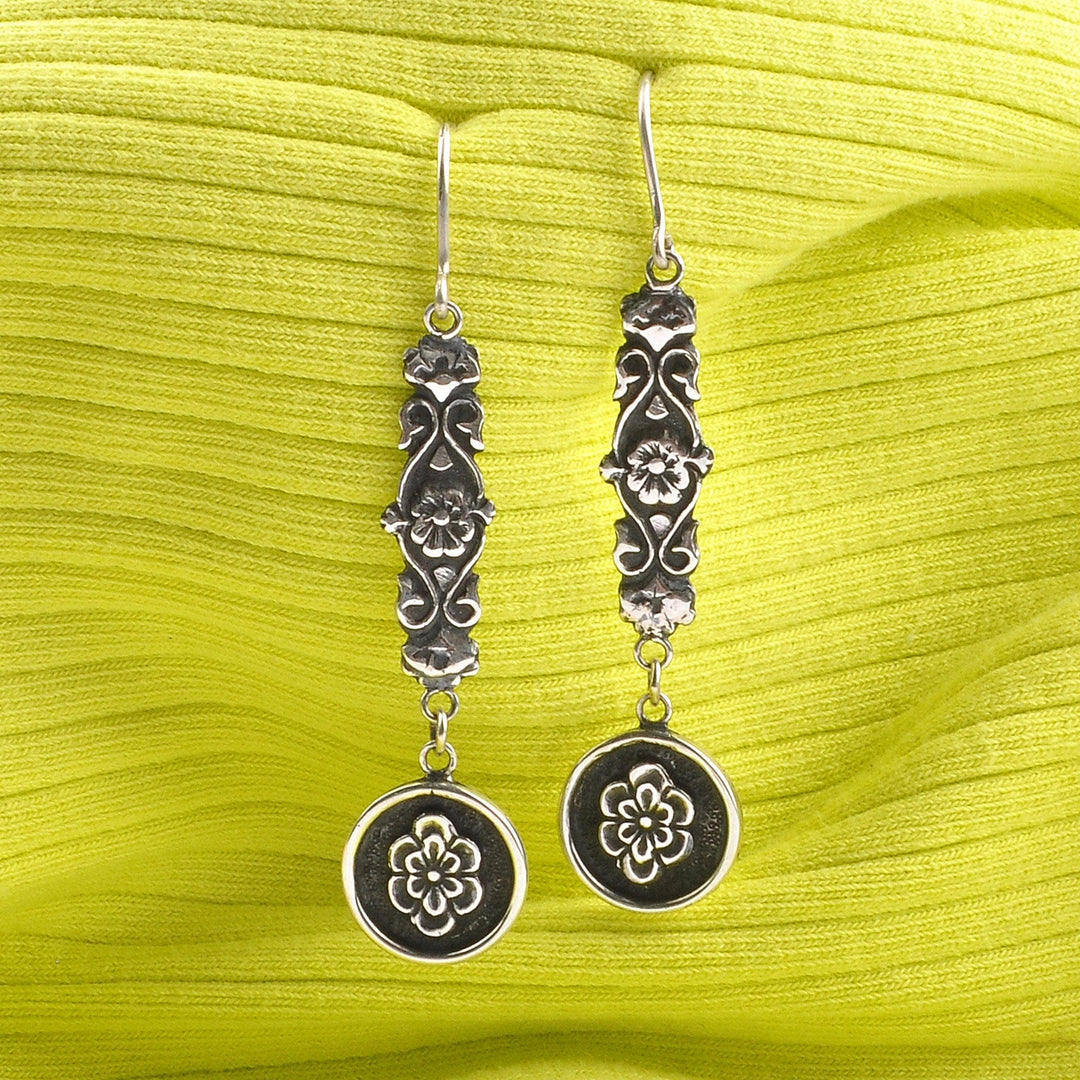 Sterling Silver Floral Dangle Earrings with Oxidized Finish - Armenian Rose Garden