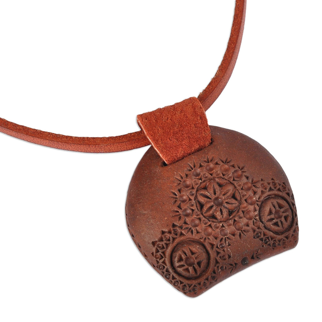Leather Choker Necklace with Wooden Armenian Pendant - Armenian Daisy