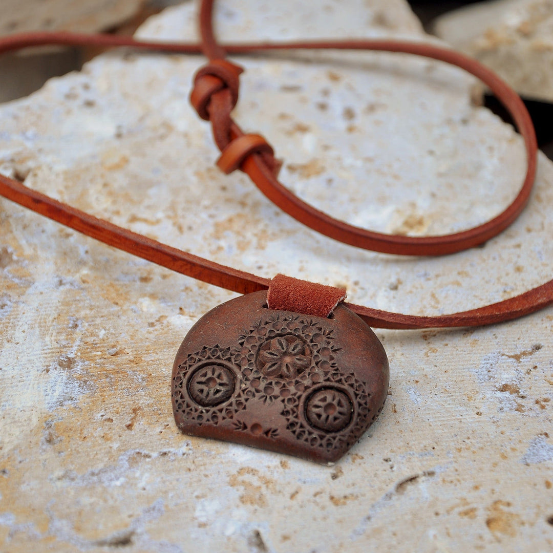 Leather Choker Necklace with Wooden Armenian Pendant - Armenian Daisy