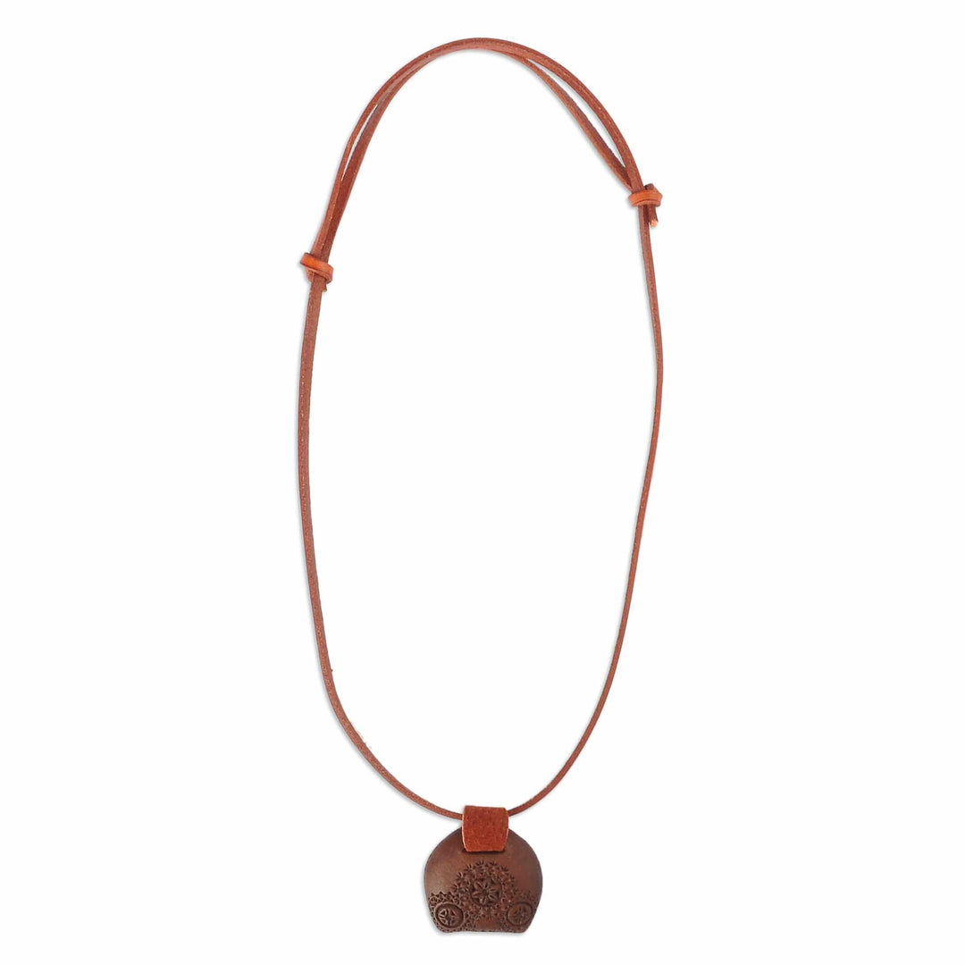 Leather Choker Necklace with Wooden Armenian Pendant - Armenian Daisy