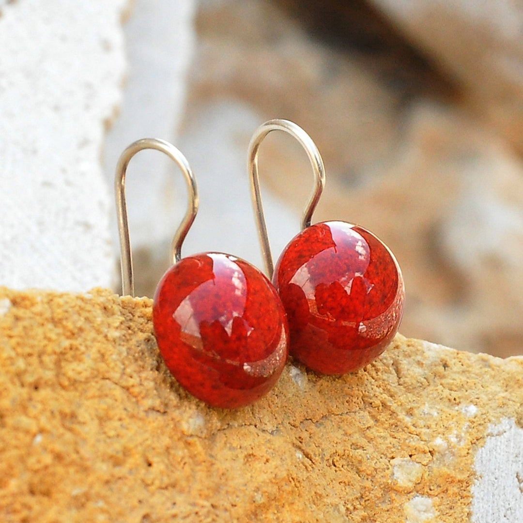 Modern Red Ceramic Drop Earrings with Sterling Silver Hooks - Red Moon