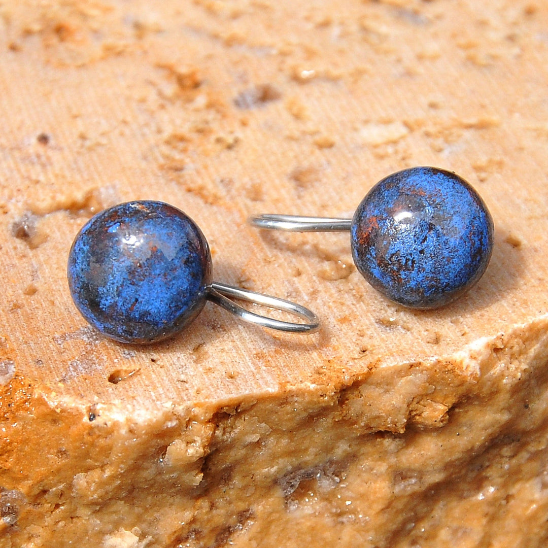 Modern Dark Blue Ceramic Drop Earrings with 925 Silver Hooks - Dark Blue Moon