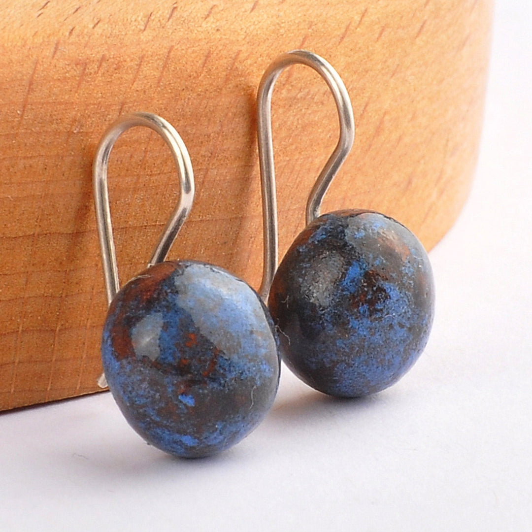 Modern Dark Blue Ceramic Drop Earrings with 925 Silver Hooks - Dark Blue Moon