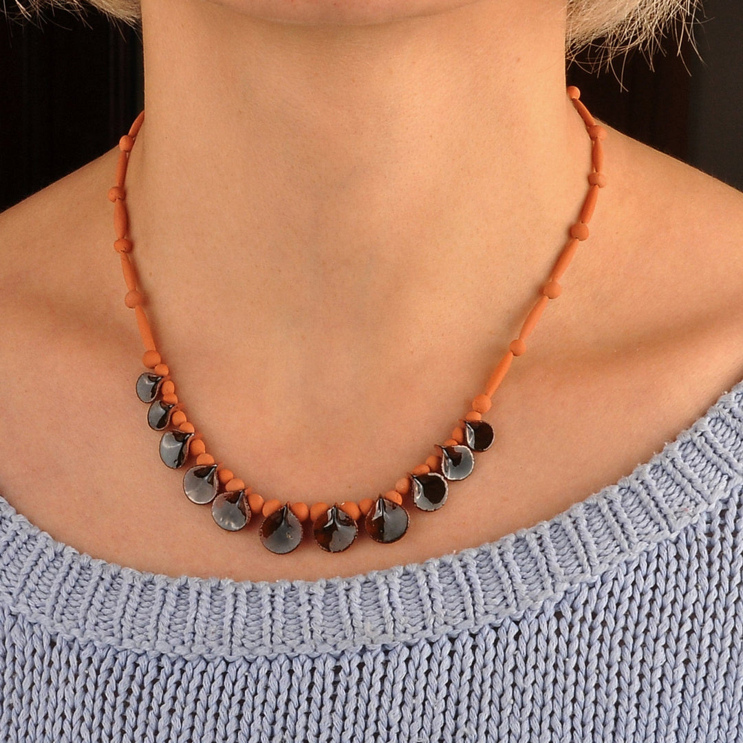 Hand-Painted Grey and Orange Ceramic Beaded Droplet Necklace - Magnetic Droplets