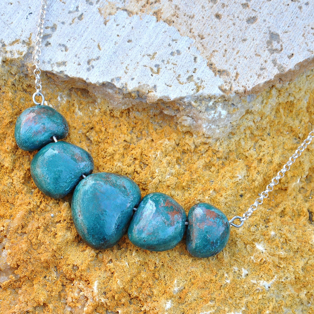 Modern Ceramic and 925 Silver Pendant Necklace from Armenia - Teal Sky
