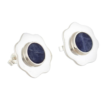 Polished Floral Button Earrings with Natural Sodalite Gems - Creativity Bouquet