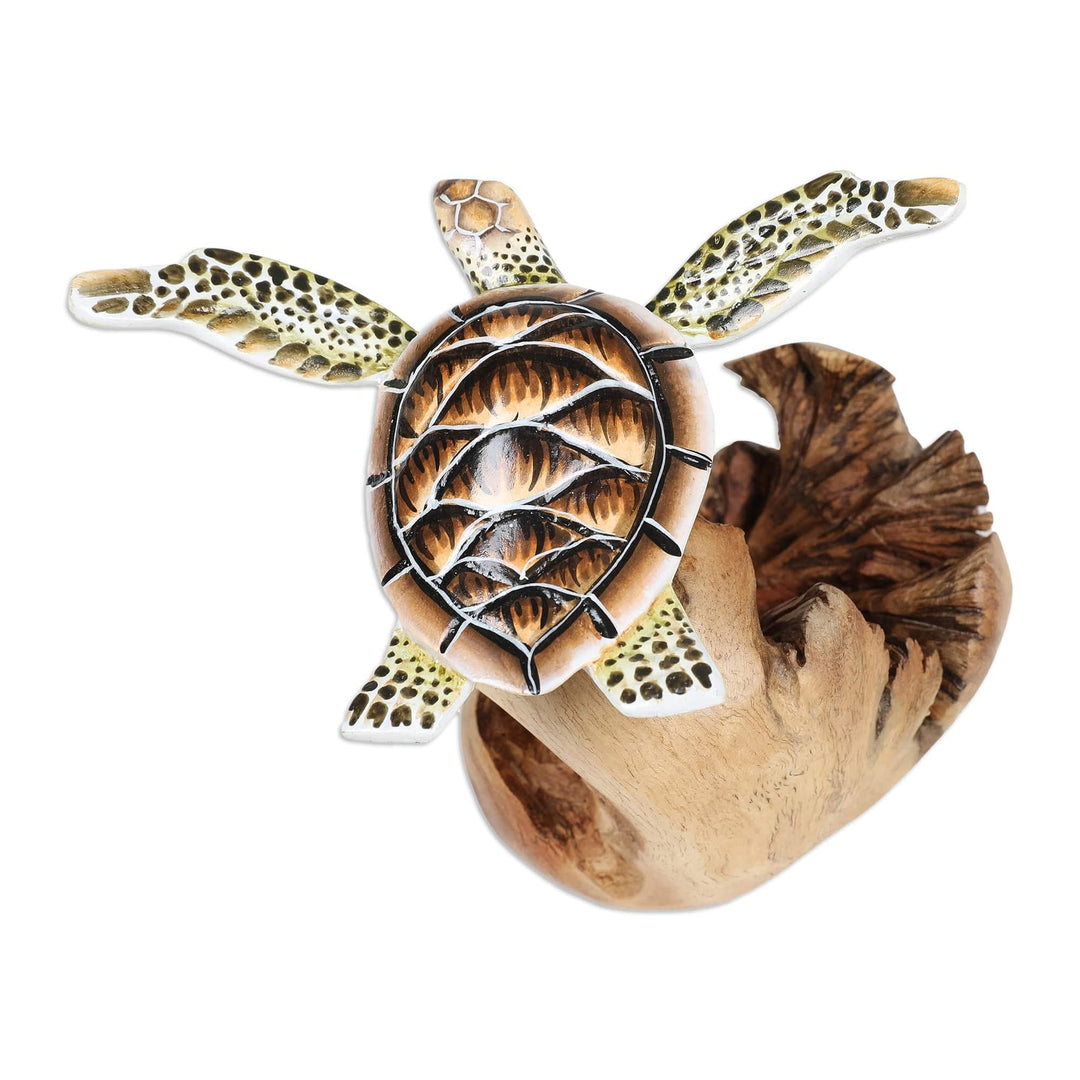 Sea Turtle Wood Sculpture with Mushroom-Shaped Base - Turtle in The Sea