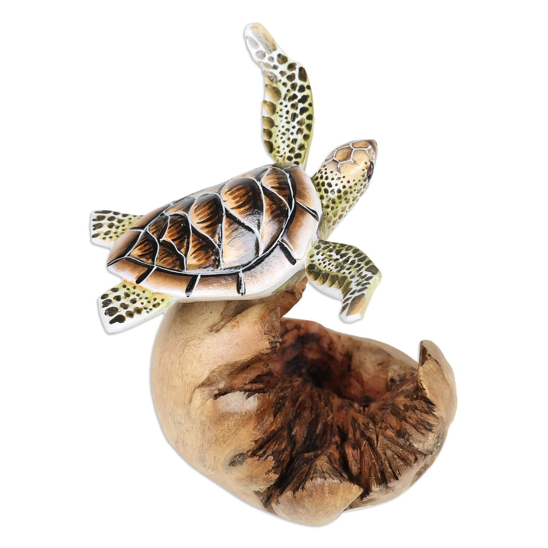 Sea Turtle Wood Sculpture with Mushroom-Shaped Base - Turtle in The Sea