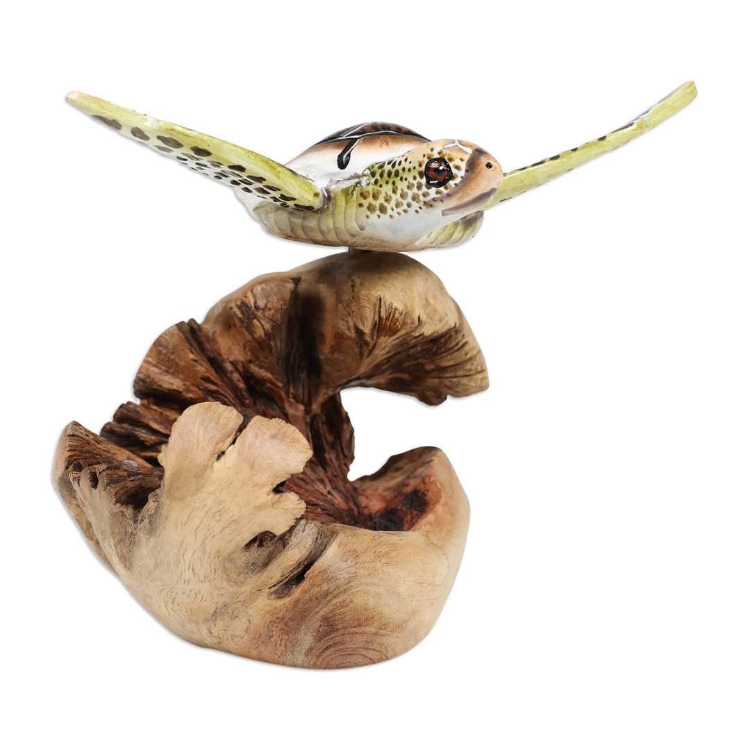 Sea Turtle Wood Sculpture with Mushroom-Shaped Base - Turtle in The Sea
