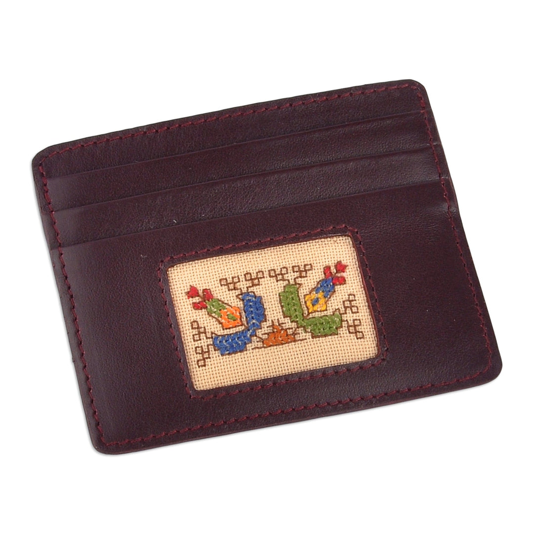 Brown Leather Card Holder with Traditional Textile - Handy Prosperity