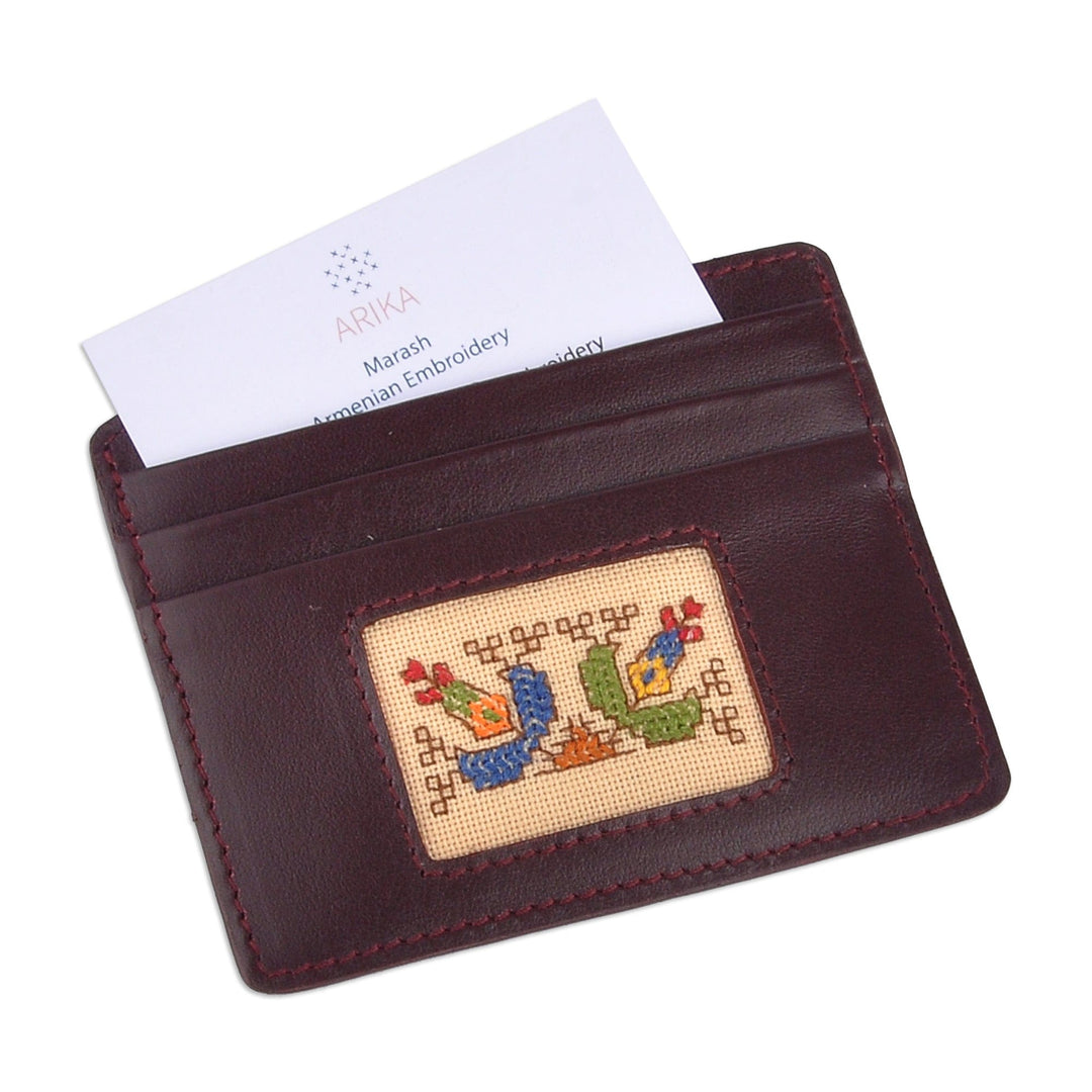 Brown Leather Card Holder with Traditional Textile - Handy Prosperity