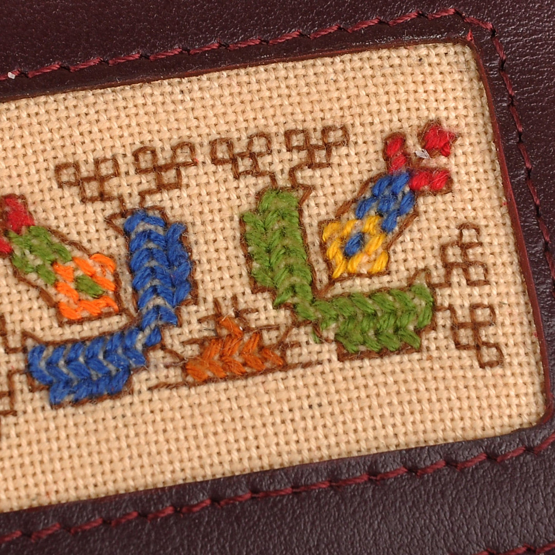 Brown Leather Card Holder with Traditional Textile - Handy Prosperity