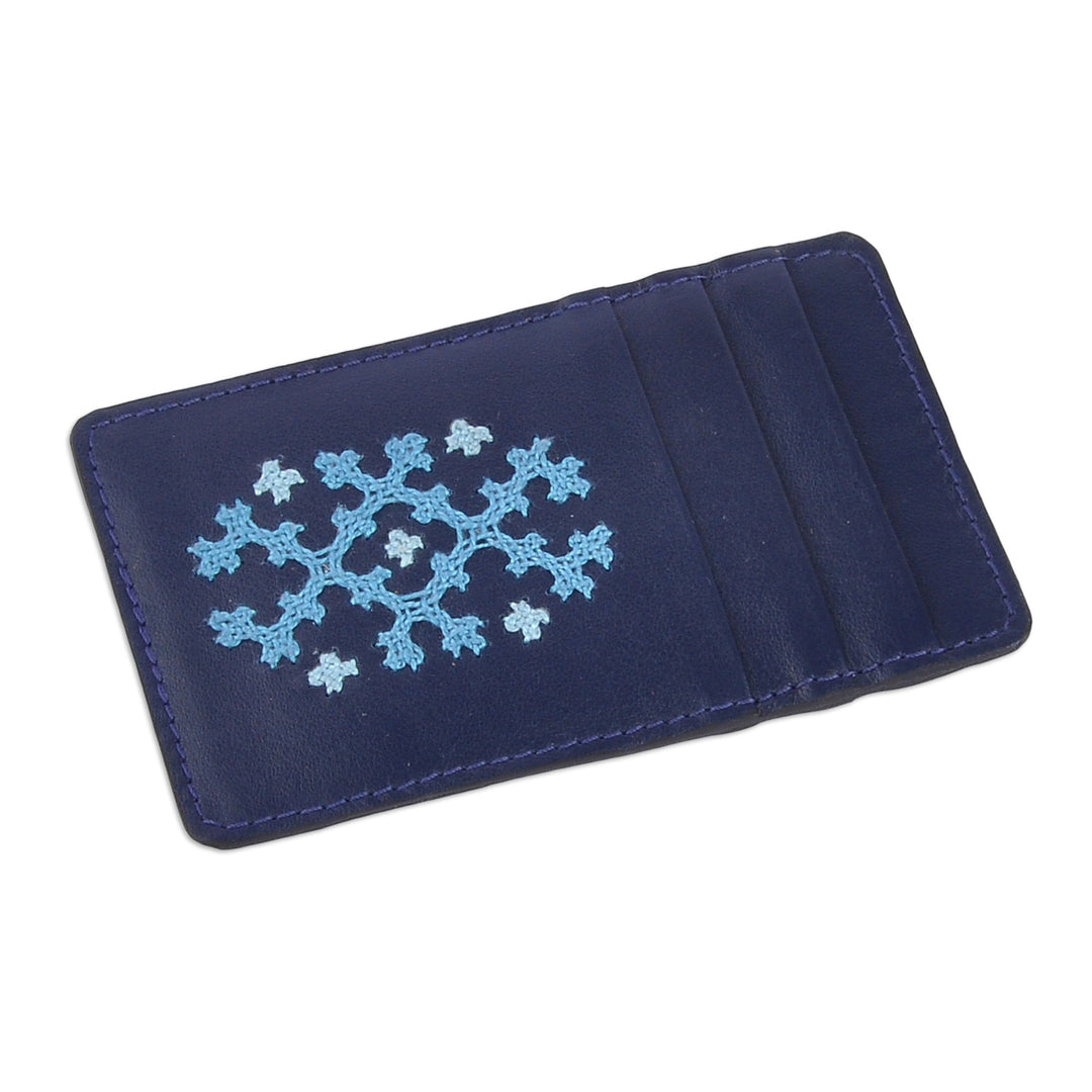 Blue Leather Card Holder with Traditional Marash Embroidery - Blue Marash
