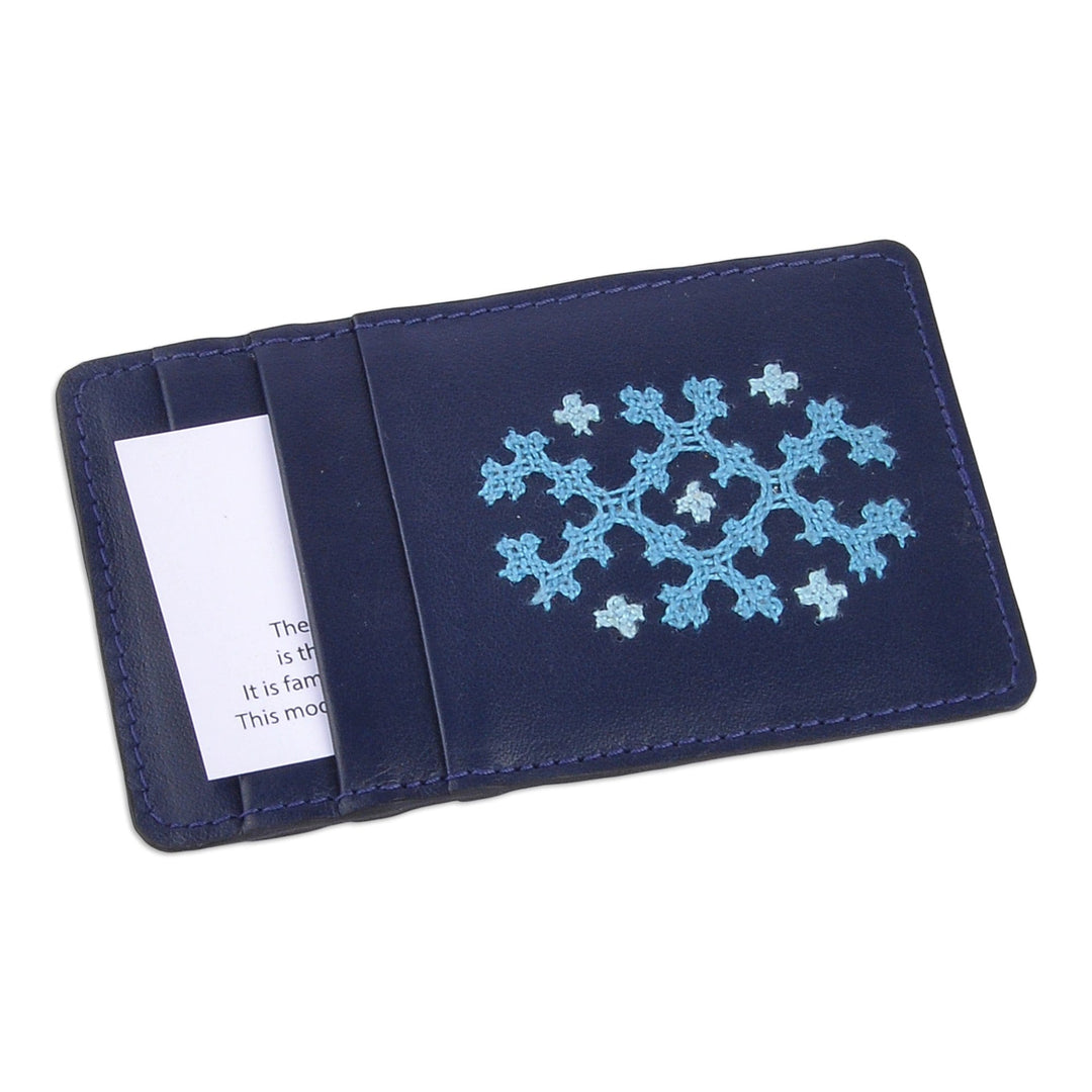 Blue Leather Card Holder with Traditional Marash Embroidery - Blue Marash