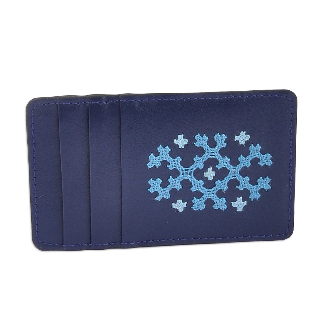 Blue Leather Card Holder with Traditional Marash Embroidery - Blue Marash
