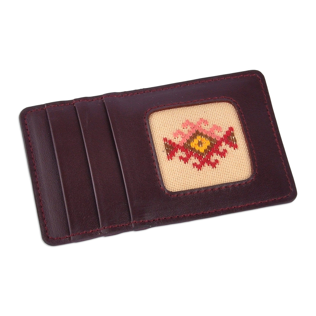 Leather Card Holder with Armenian Hand-Embroidered Motif - Armenian Flair