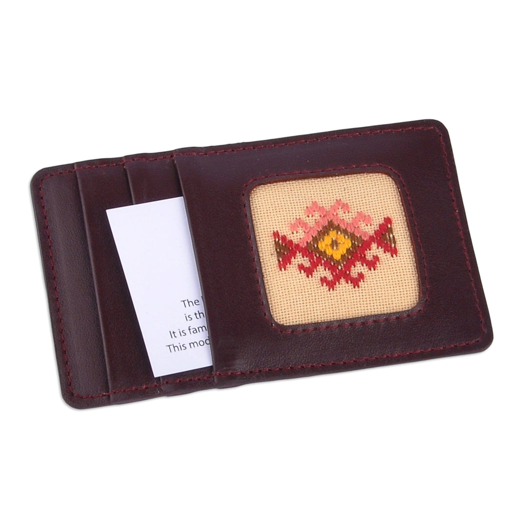 Leather Card Holder with Armenian Hand-Embroidered Motif - Armenian Flair
