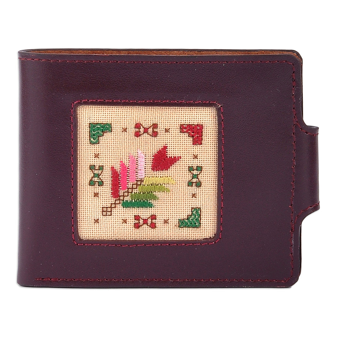 Brown Leather Wallet with Floral Cross-Stitch Textile Accent - Frugal Tradition in Brown
