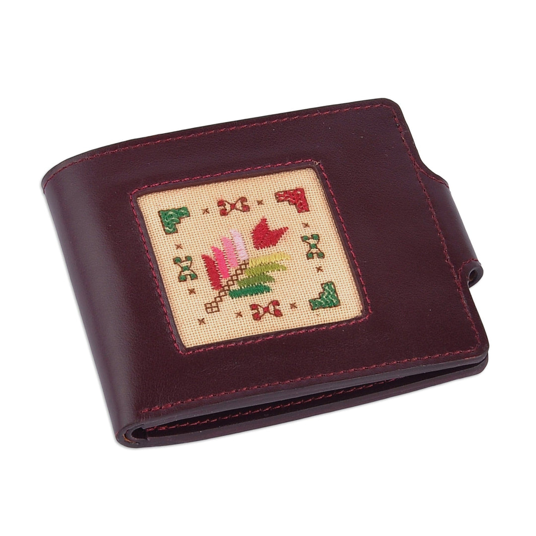 Brown Leather Wallet with Floral Cross-Stitch Textile Accent - Frugal Tradition in Brown