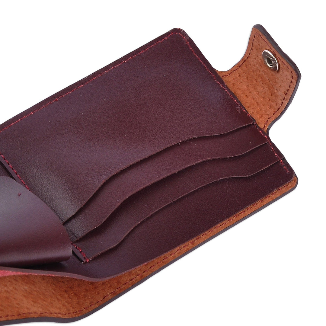 Brown Leather Wallet with Floral Cross-Stitch Textile Accent - Frugal Tradition in Brown