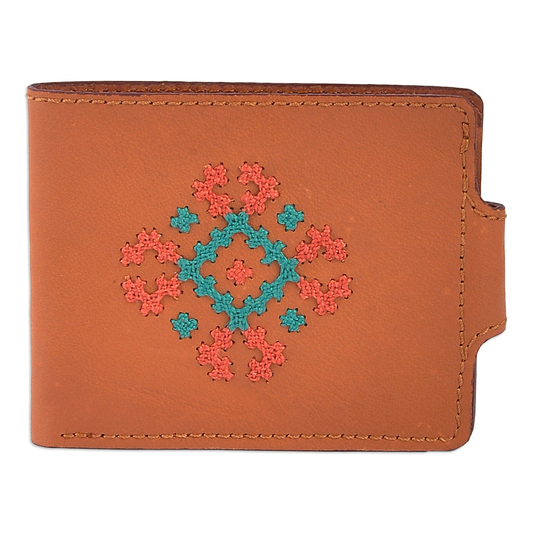 Cross-Stitch Embroidered Brown Leather Wallet from Armenia - Marash Fortune in Brown