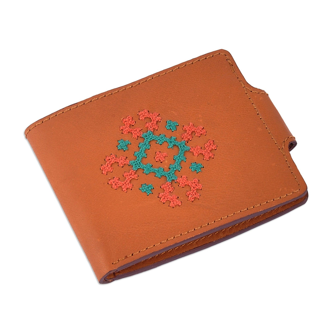 Cross-Stitch Embroidered Brown Leather Wallet from Armenia - Marash Fortune in Brown