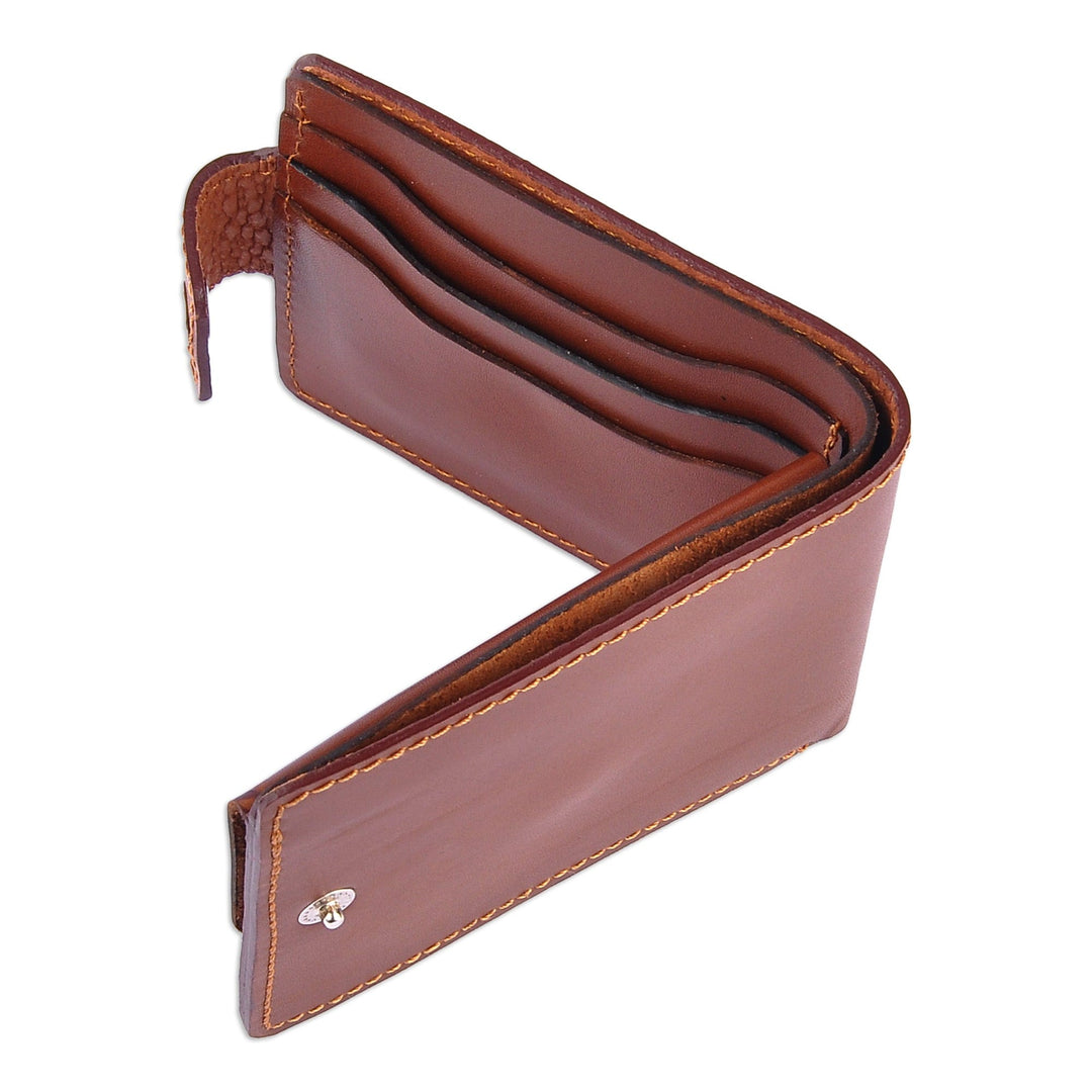 Cross-Stitch Embroidered Brown Leather Wallet from Armenia - Marash Fortune in Brown