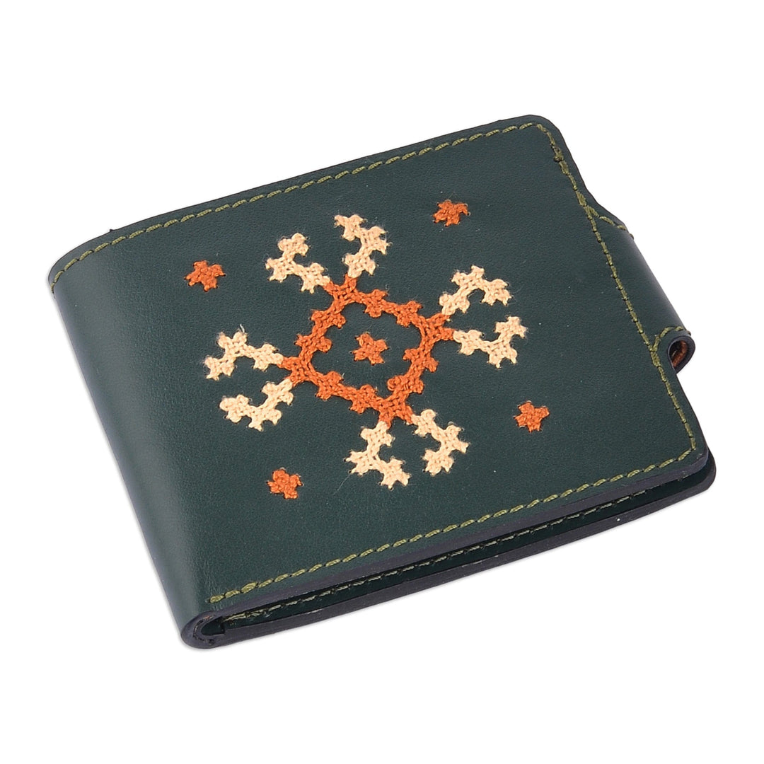Cross-Stitch Embroidered Green Leather Wallet from Armenia - Marash Fortune in Green