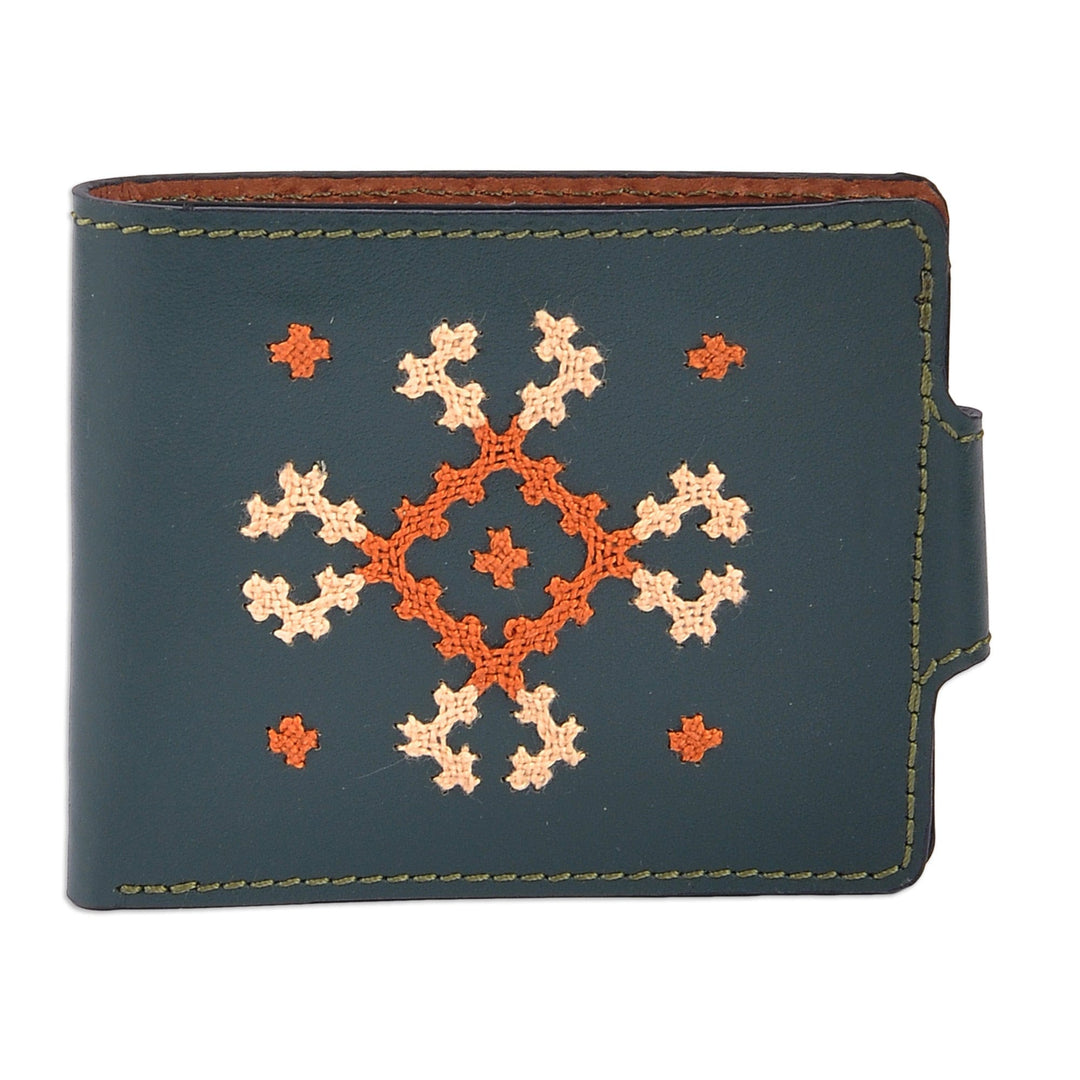 Cross-Stitch Embroidered Green Leather Wallet from Armenia - Marash Fortune in Green