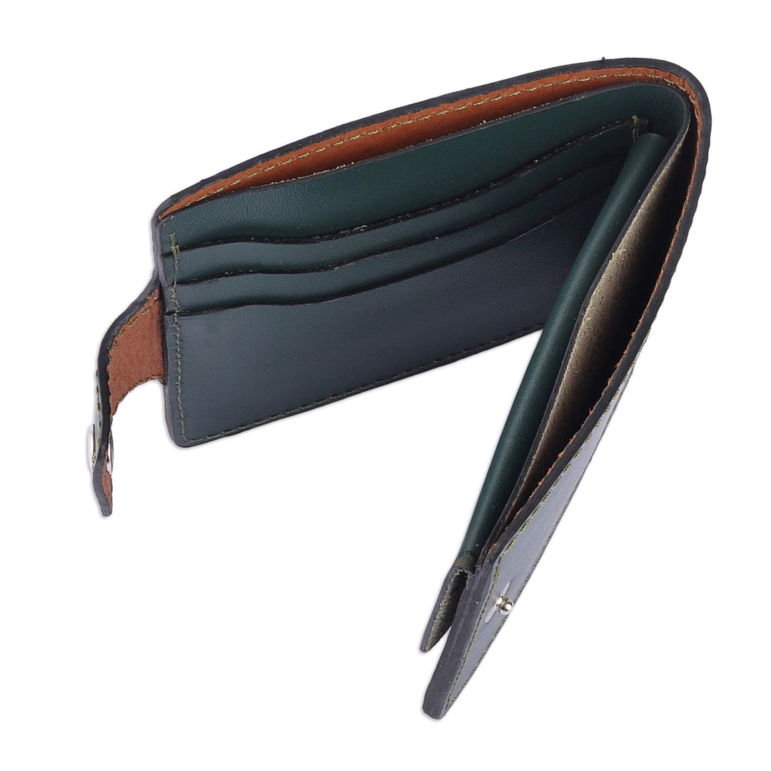 Cross-Stitch Embroidered Green Leather Wallet from Armenia - Marash Fortune in Green
