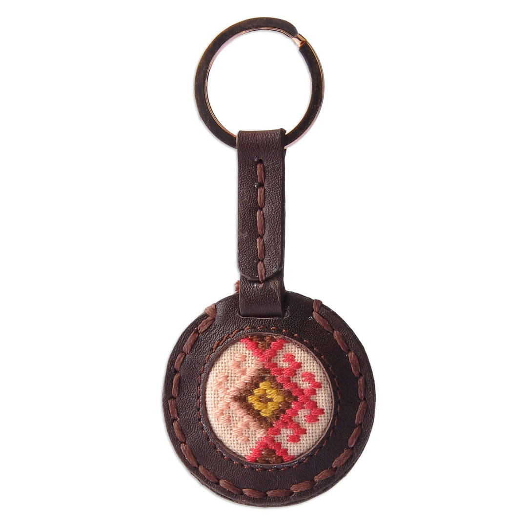 Handcrafted Brown Leather Keychain with Svaz Textile - Svaz Armenia