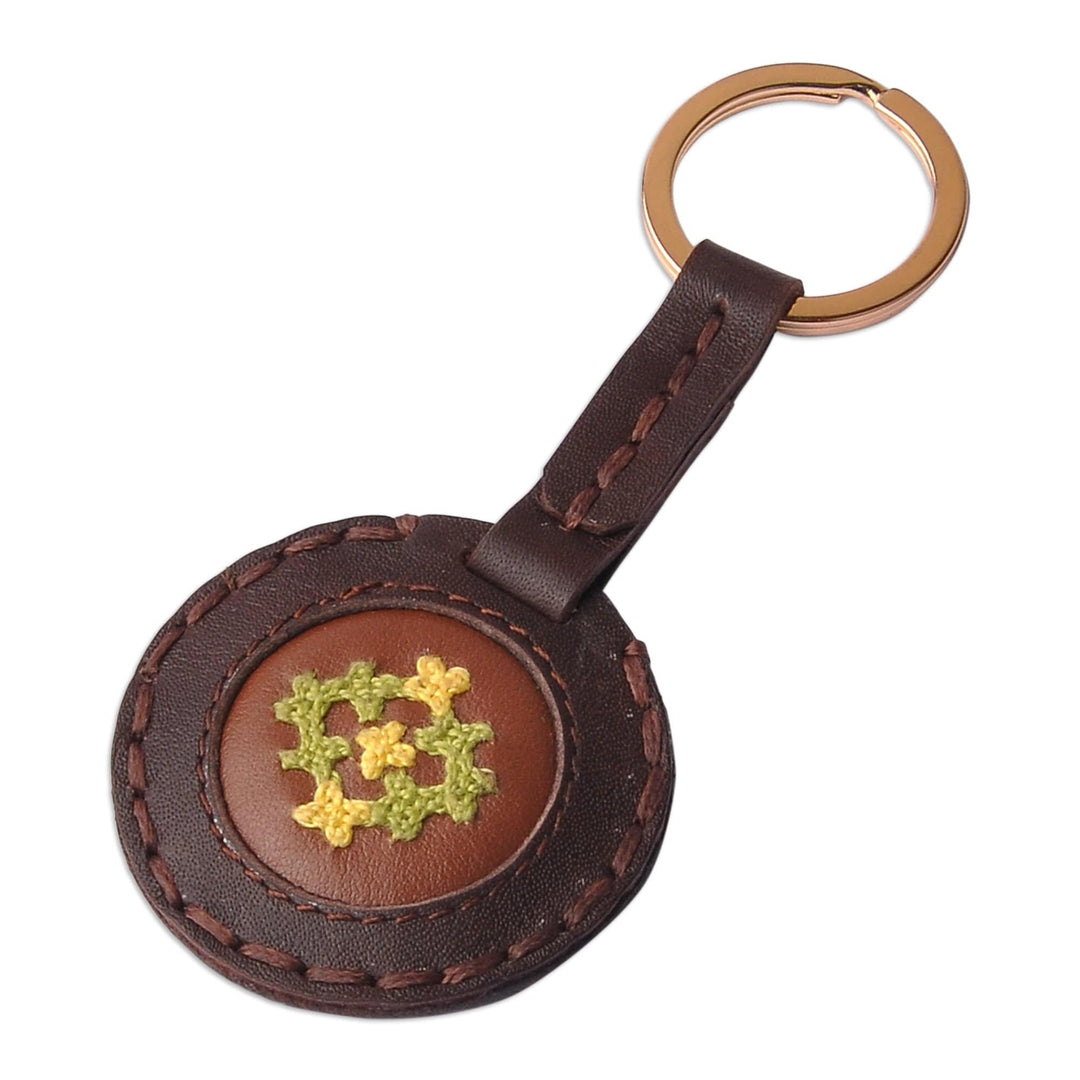 Handcrafted Brown Leather Keychain with Marash Textile - Marash Armenia