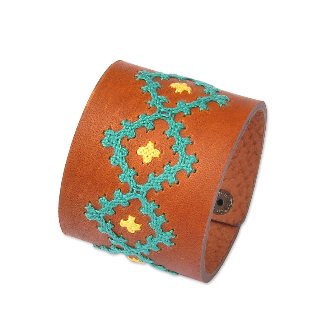 Leather Wristband Bracelet with Turquoise Cross-Stitch Motif - Marash Radiant Waves