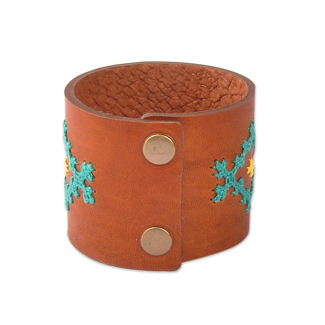 Leather Wristband Bracelet with Turquoise Cross-Stitch Motif - Marash Radiant Waves