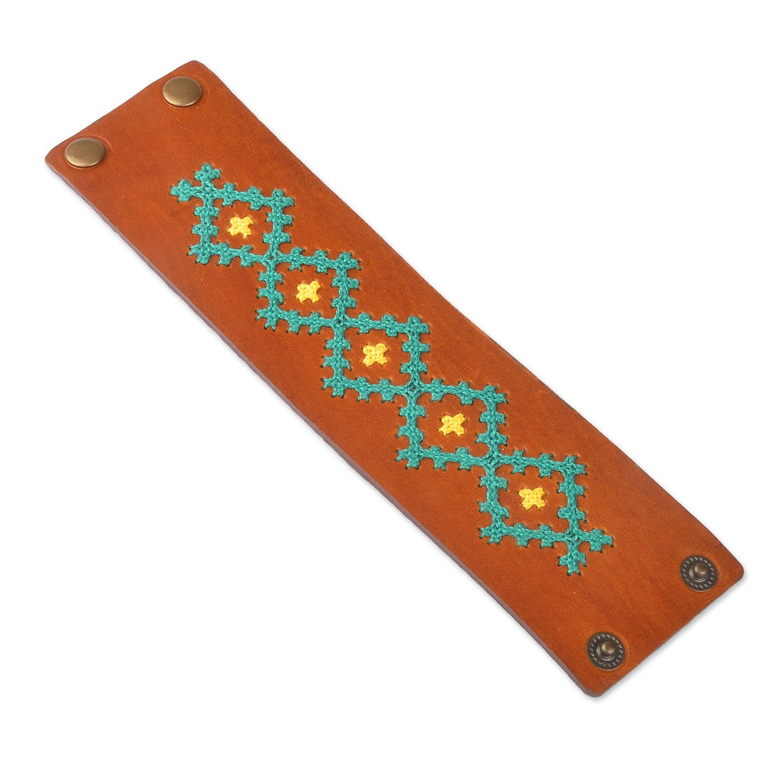 Leather Wristband Bracelet with Turquoise Cross-Stitch Motif - Marash Radiant Waves