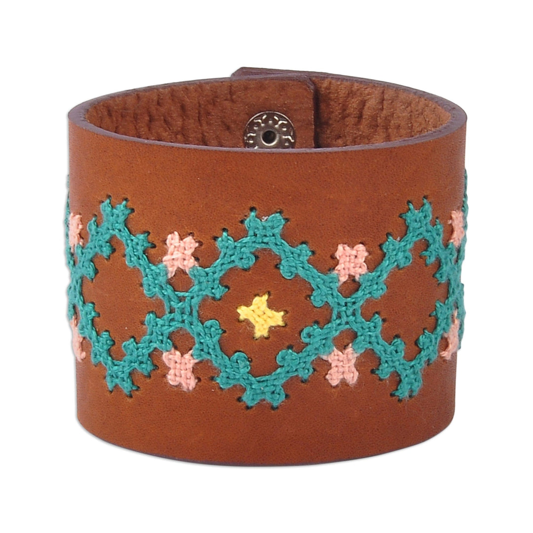 Brown Leather Wristband Bracelet with Geometric Details - Marash Waves