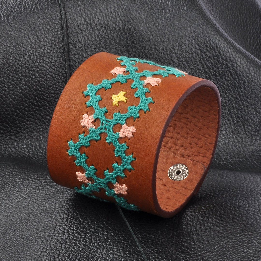 Brown Leather Wristband Bracelet with Geometric Details - Marash Waves