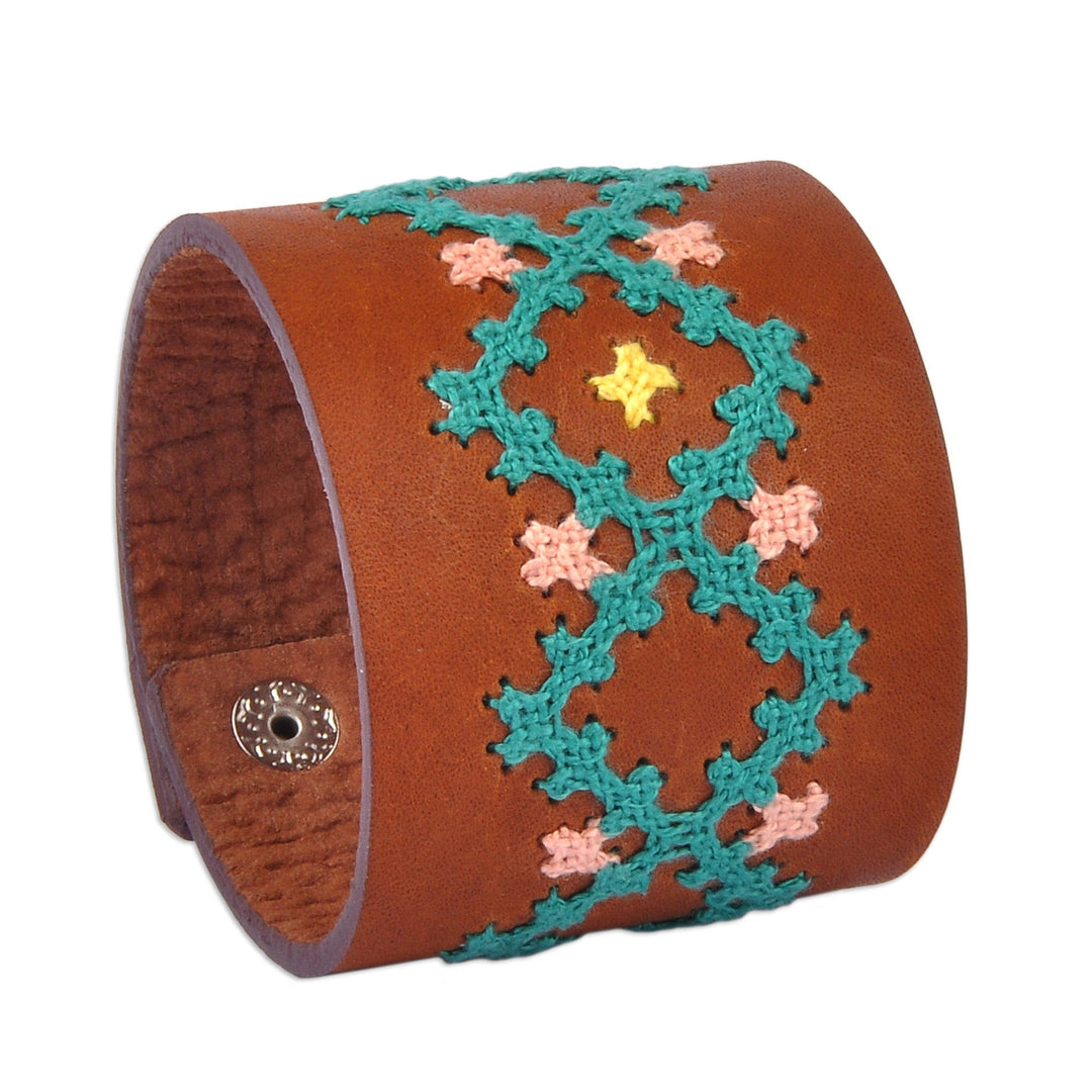 Brown Leather Wristband Bracelet with Geometric Details - Marash Waves