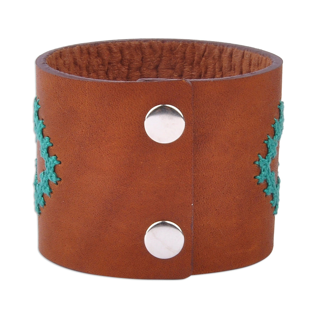 Brown Leather Wristband Bracelet with Geometric Details - Marash Waves