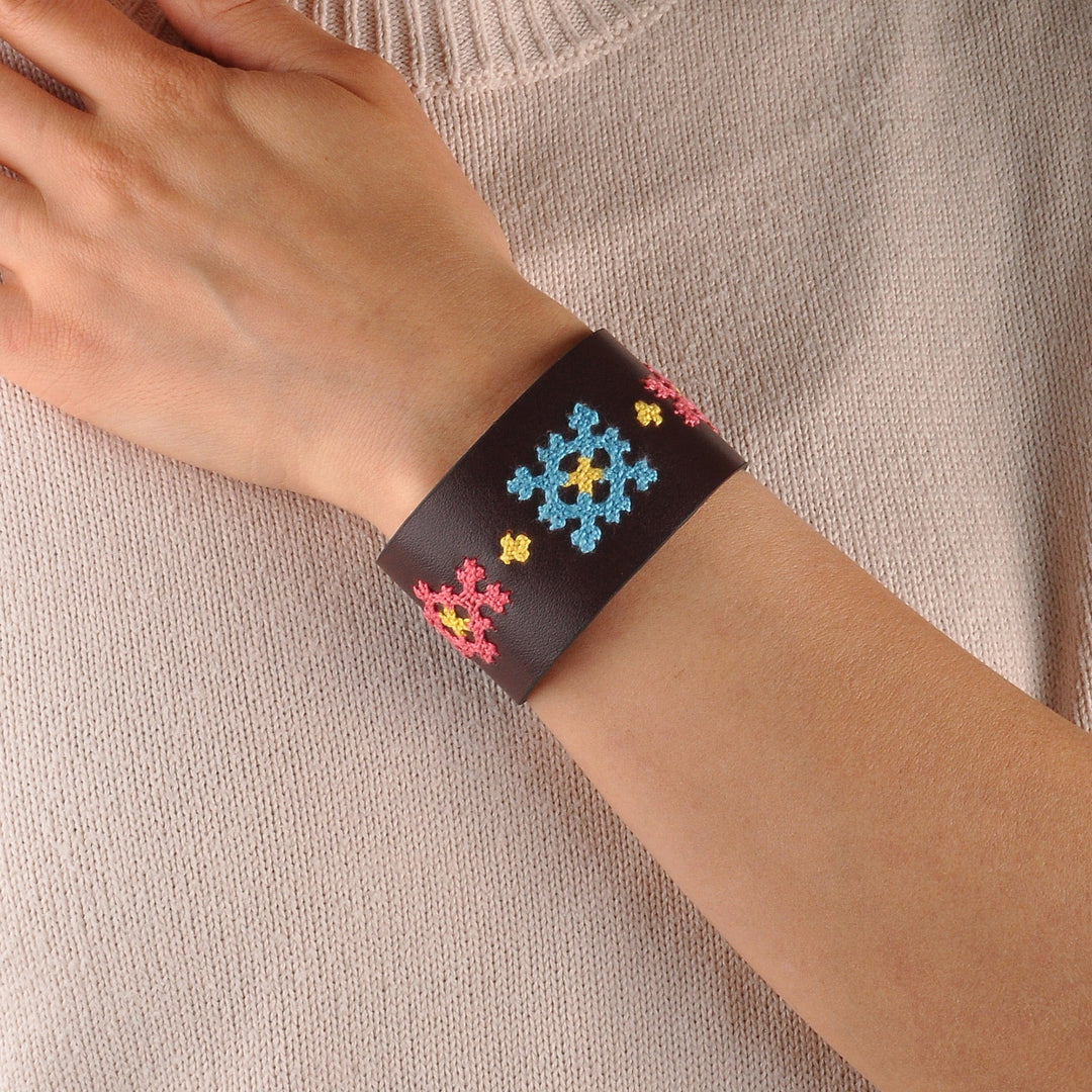 Dark Brown Leather Wristband Bracelet with Floral Details - Marash Blooms