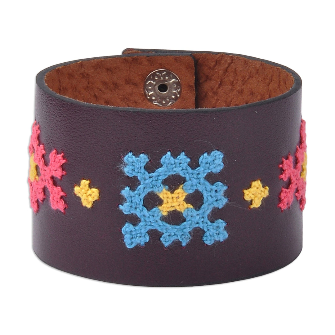 Dark Brown Leather Wristband Bracelet with Floral Details - Marash Blooms