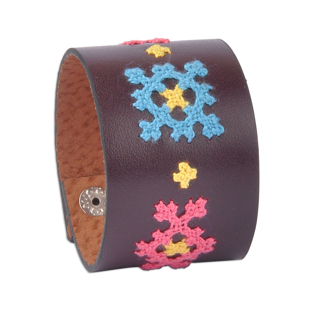 Dark Brown Leather Wristband Bracelet with Floral Details - Marash Blooms