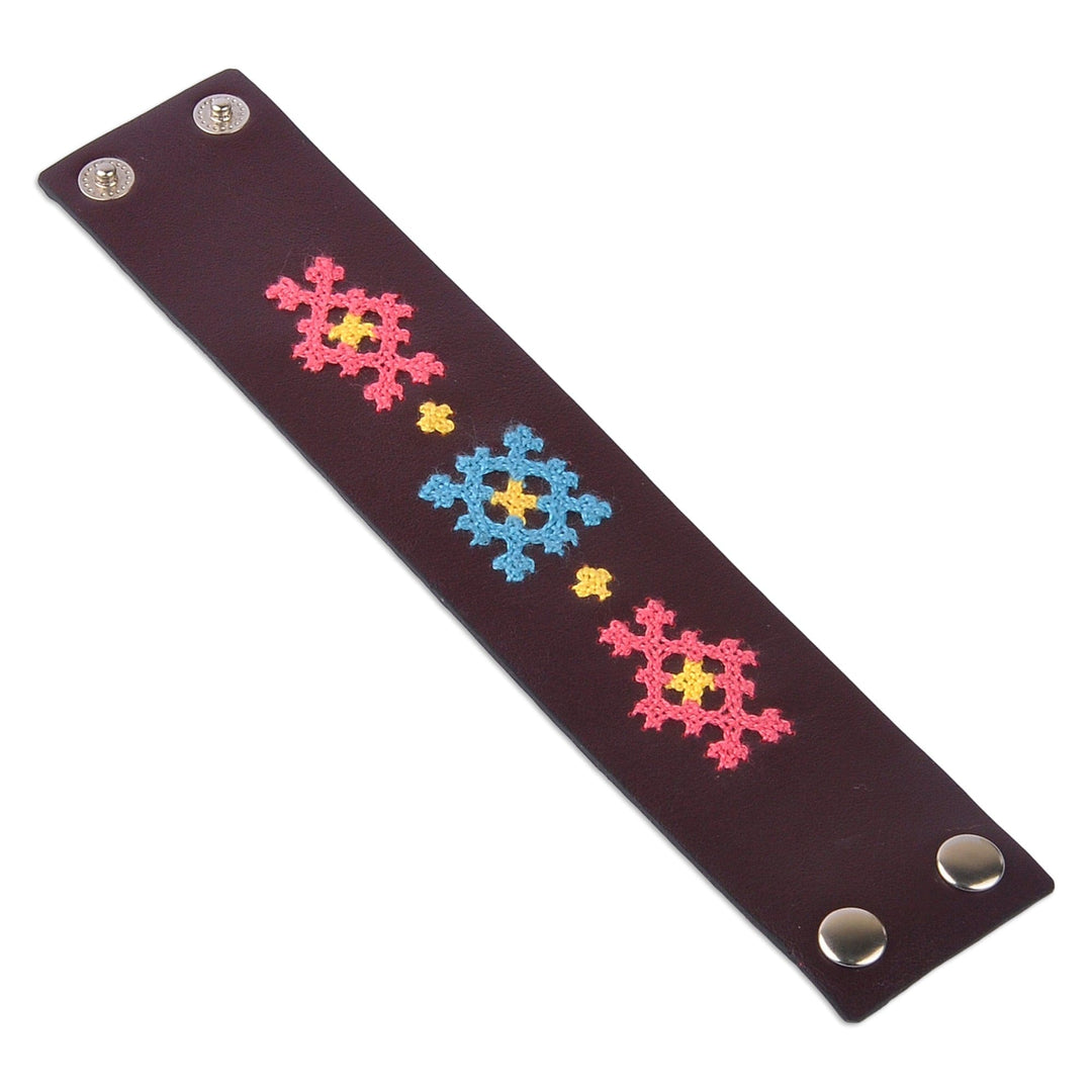 Dark Brown Leather Wristband Bracelet with Floral Details - Marash Blooms