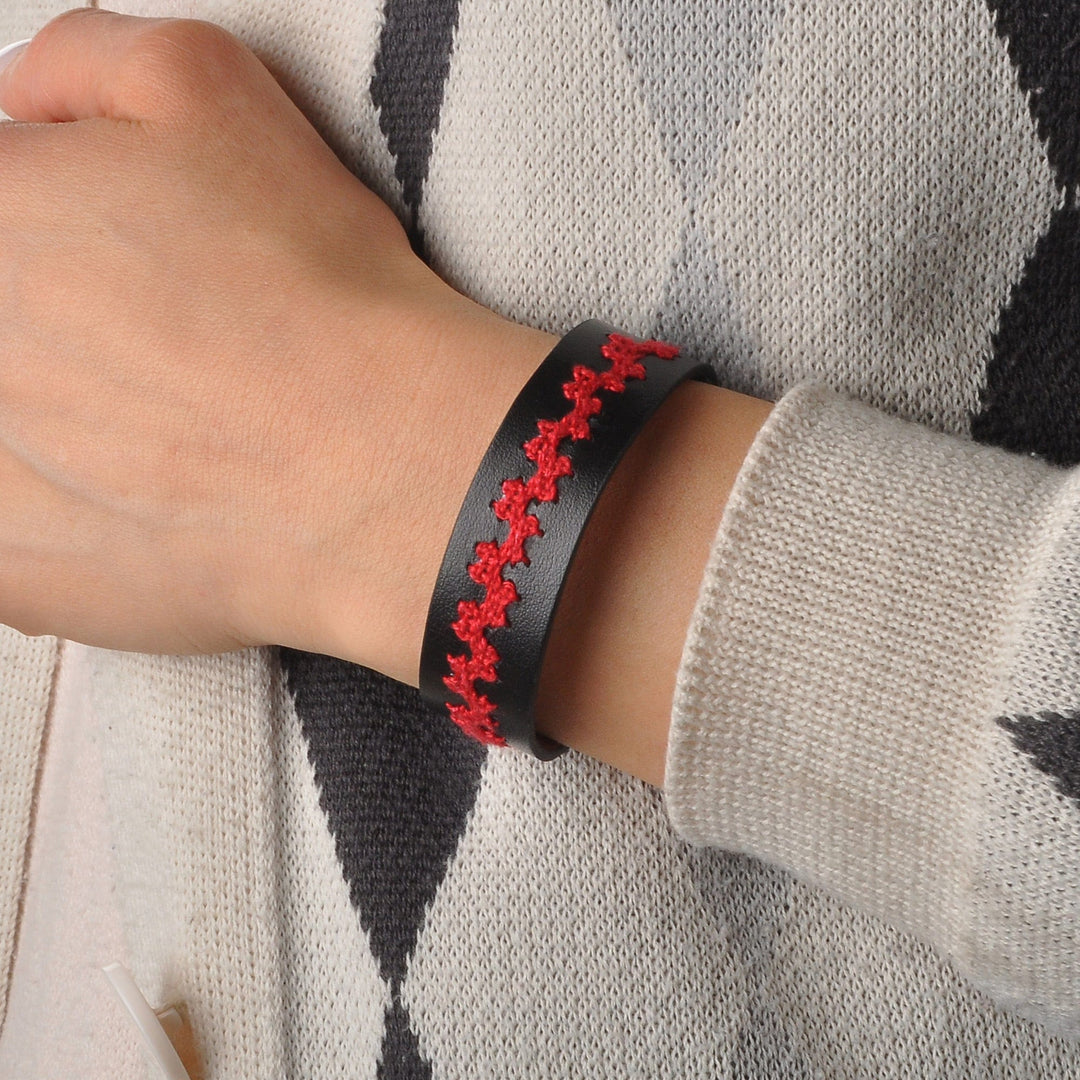 Embroidered Red and Brown Leather Wristband Bracelet - Ancestral Vines