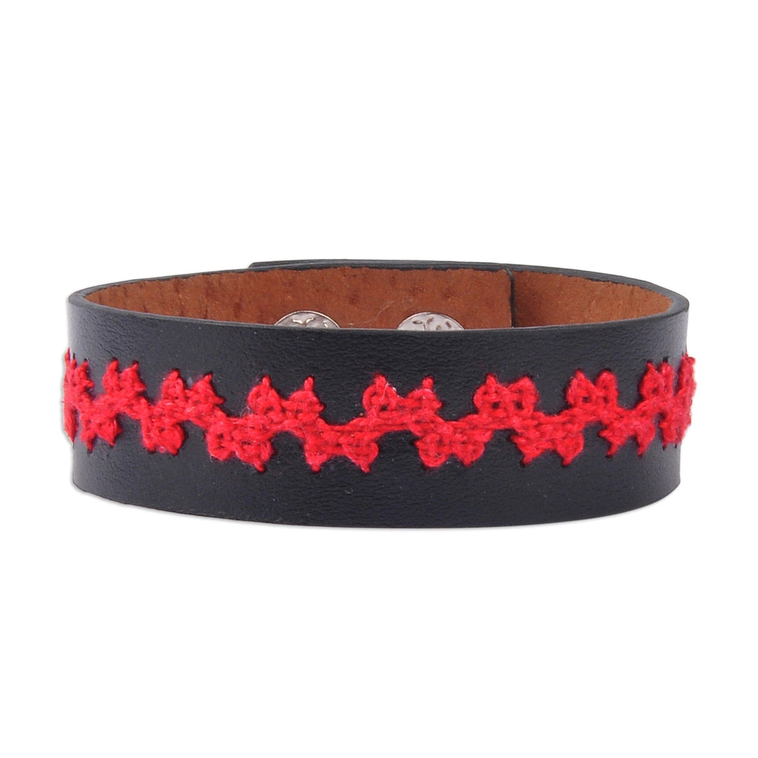 Embroidered Red and Brown Leather Wristband Bracelet - Ancestral Vines