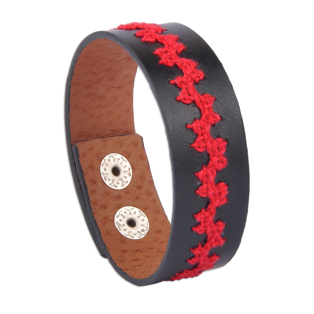Embroidered Red and Brown Leather Wristband Bracelet - Ancestral Vines