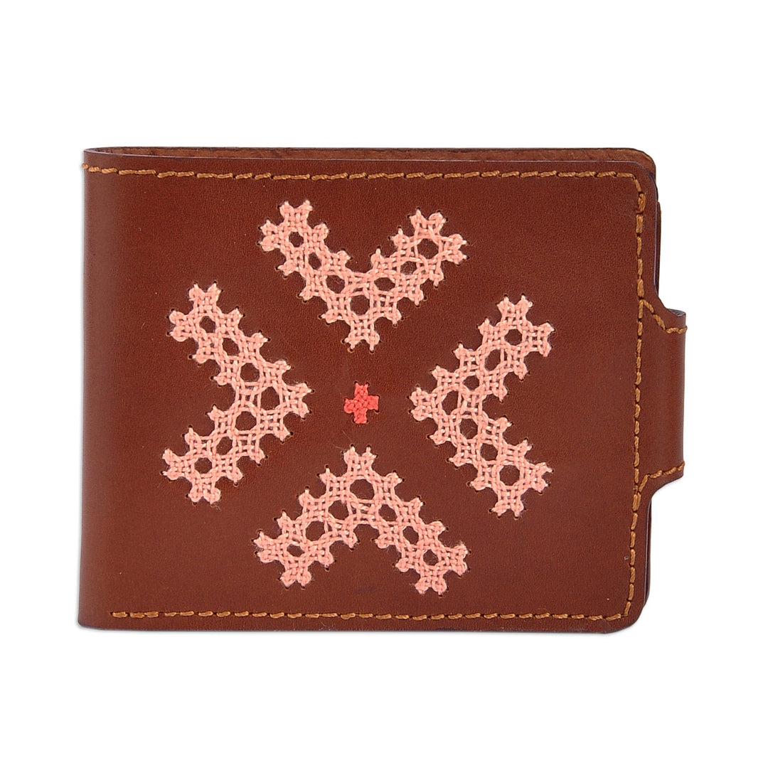 Brown Leather Wallet with Colorful Armenian Hand Embroidery - Marash Fortune