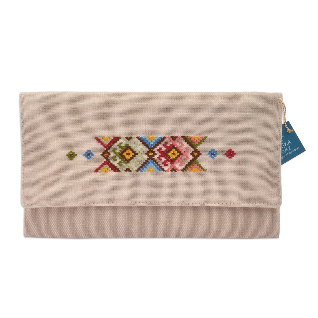 Beige Cotton Clutch With Geometric Svaz Embroidery Accent - Svaz Dame
